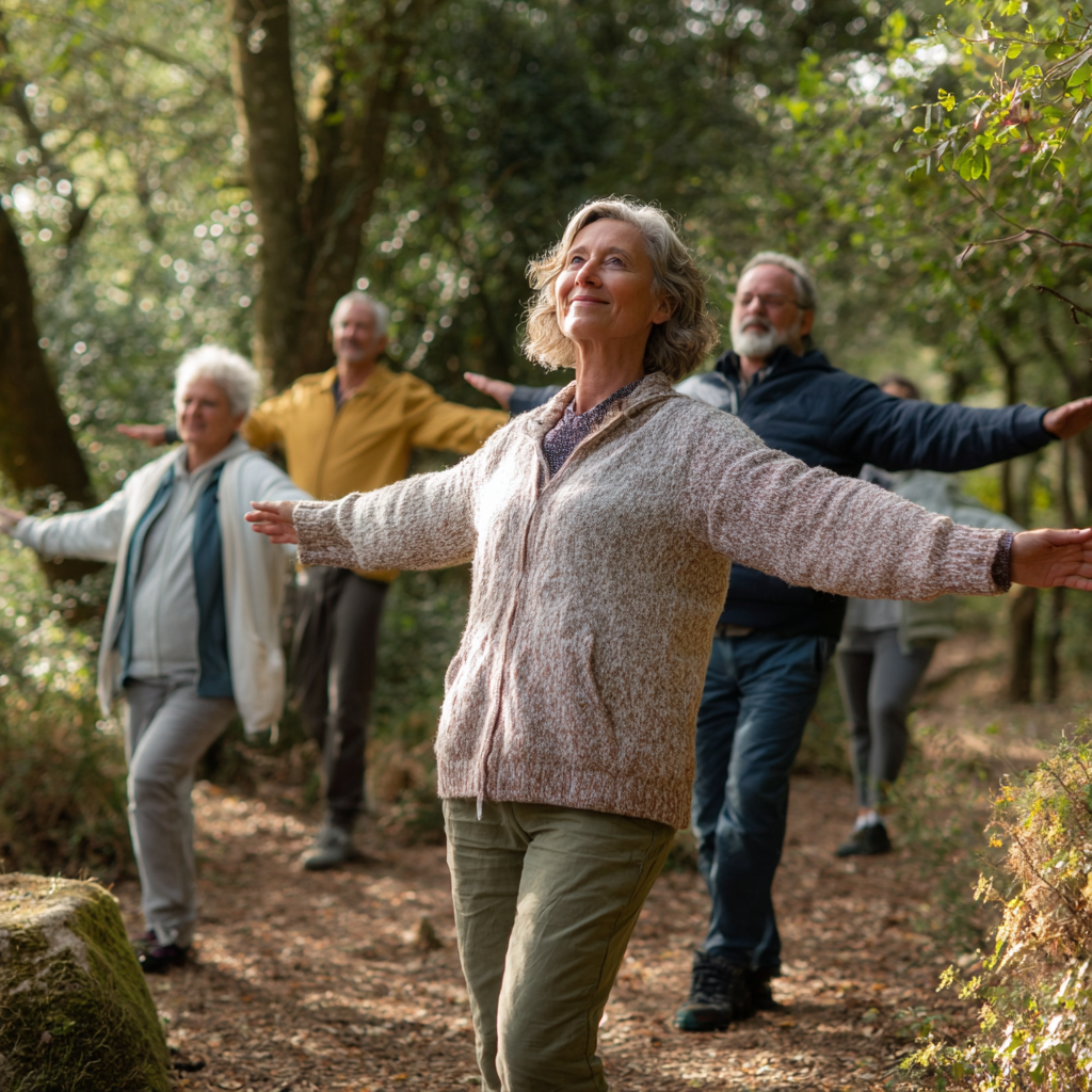 Middle-aged adults practicing gentle movement exercises in natural setting
