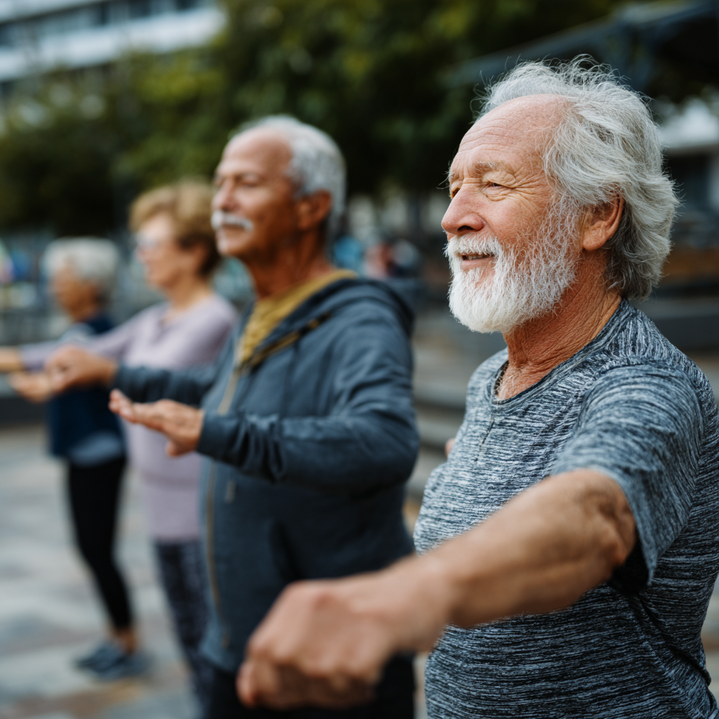 Older adults practicing natural movement in outdoor setting with trees